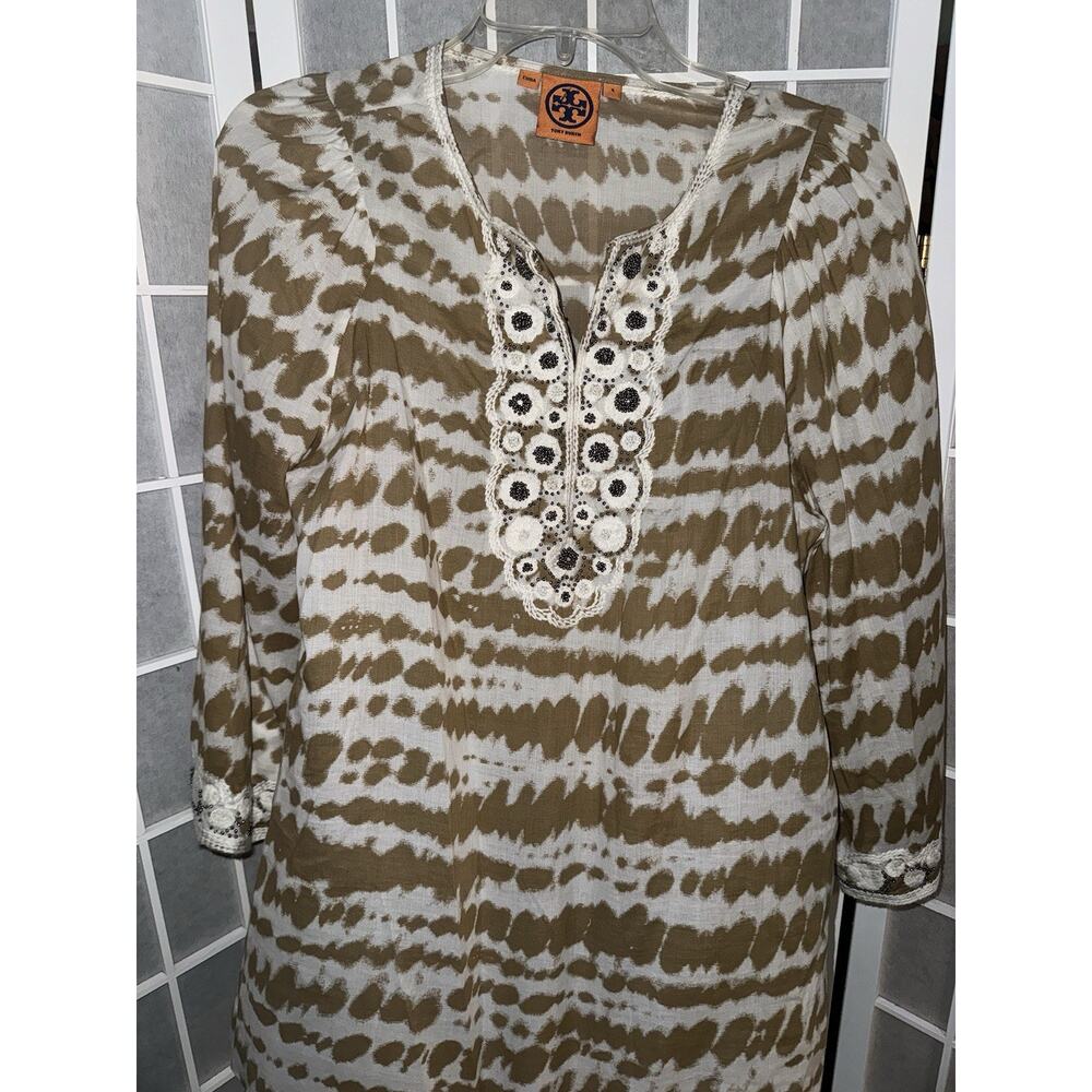 Tory Burch Top Womens Size 4 White Tan 3/4 Sleeve Beads Embroidery Blouse Shirt